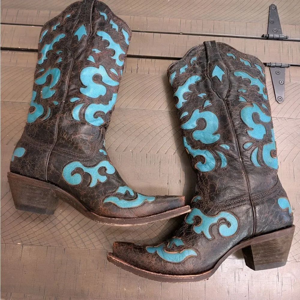 Corral Vintage Dark Brown/Turquoise Western Coastal Cowgirl Cowboy Boots Sz 7.5